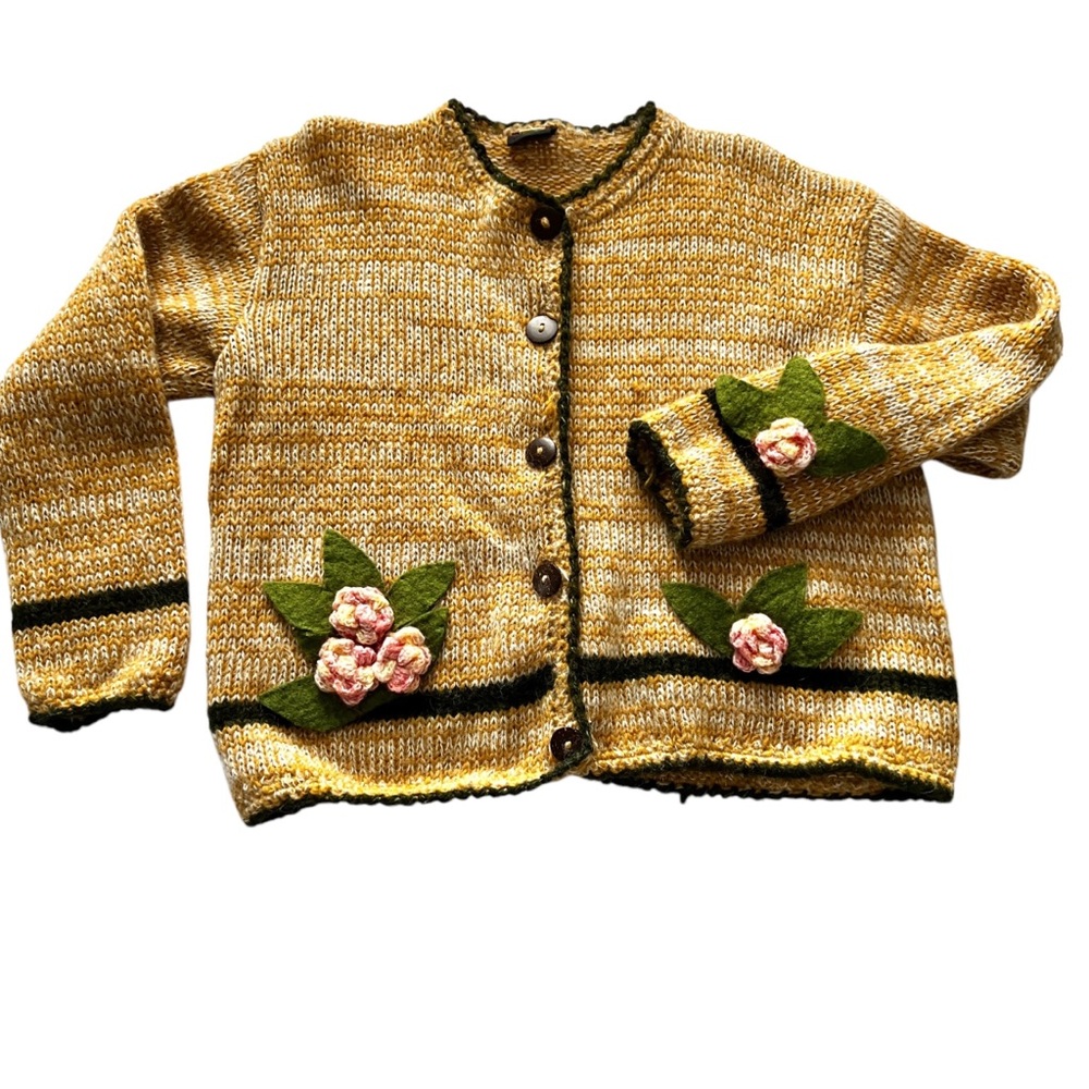 Vintage Gringo Gold Wool Knit Cardigan Knit Flower Details Made in Nepal…